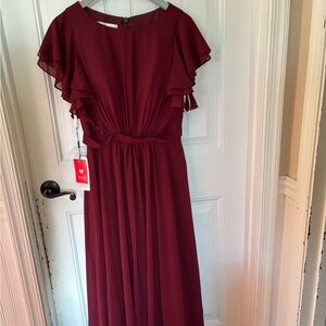 JJs House Burgundy Maxi Dress with Ruffle Sleeves